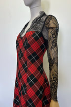 Tartan- und Spitzen-Wasserfallkleid mit Herz-Ausschnitt