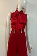 Red, Pussy Bow, Silk Blouse with high waist trousers to match