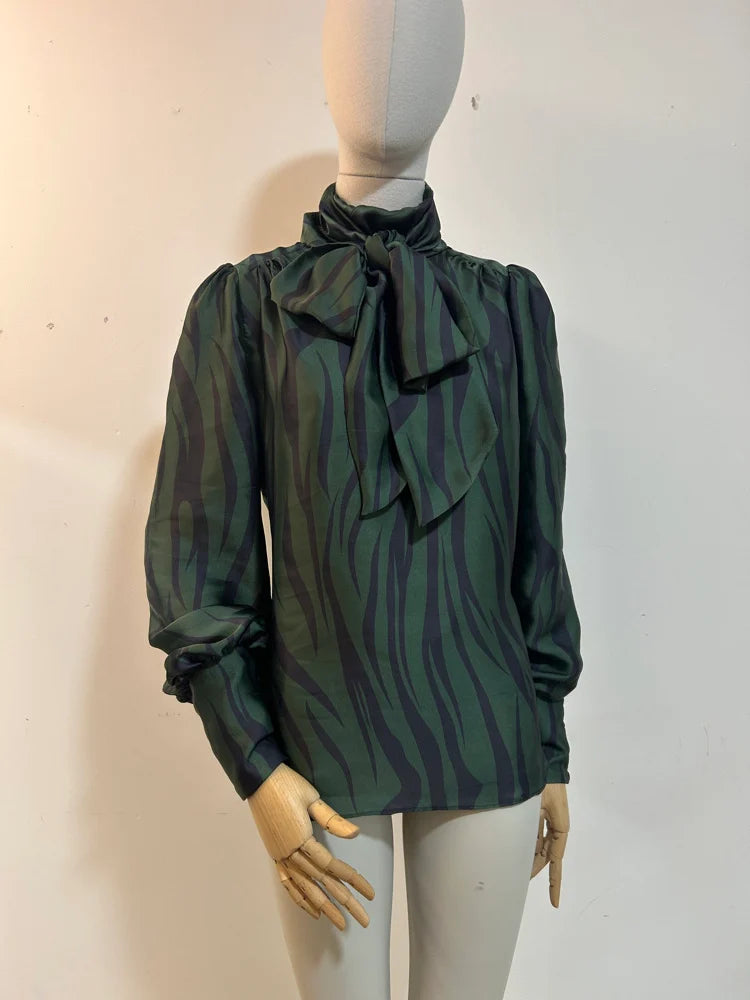 Anita Printed Silky Tie Neck Blouse