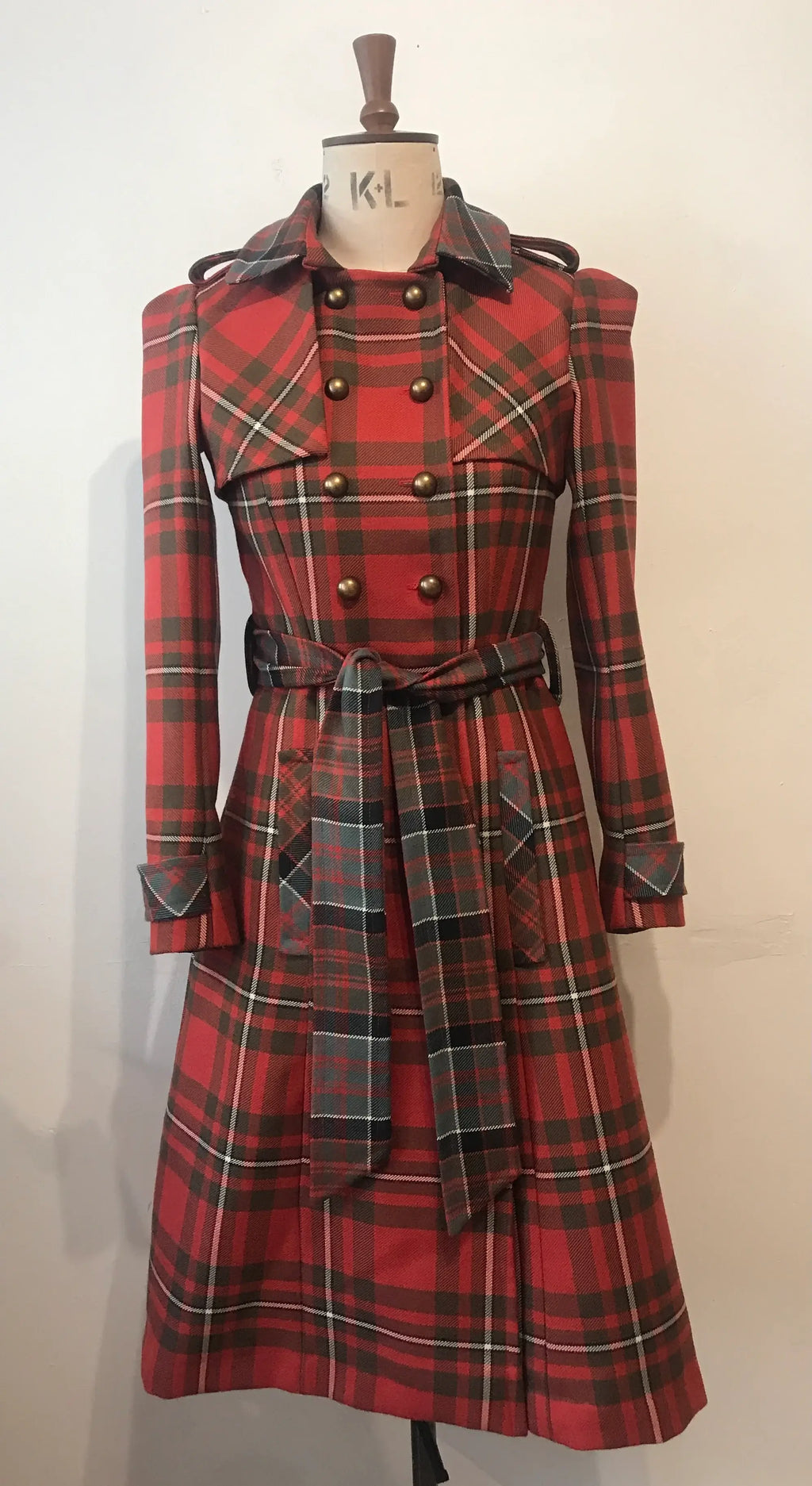 Double Tartan Wool Belted Trench Coat