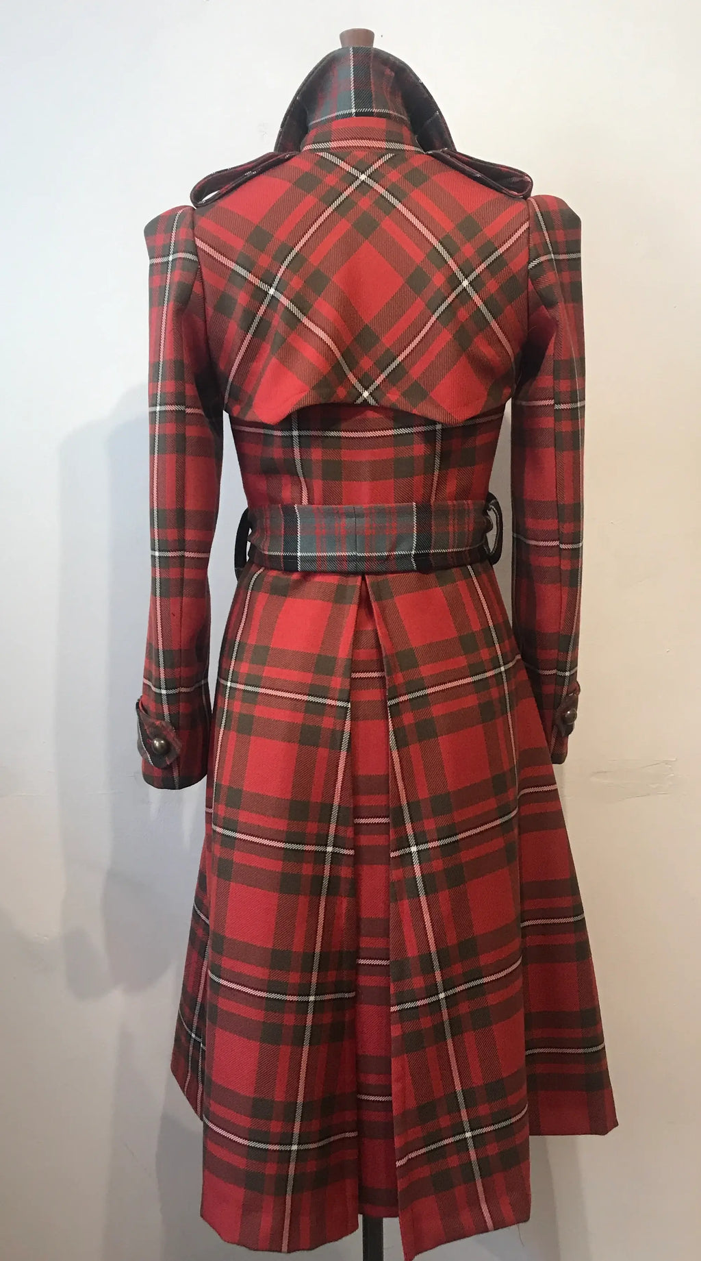 Double Tartan Wool Belted Trench Coat