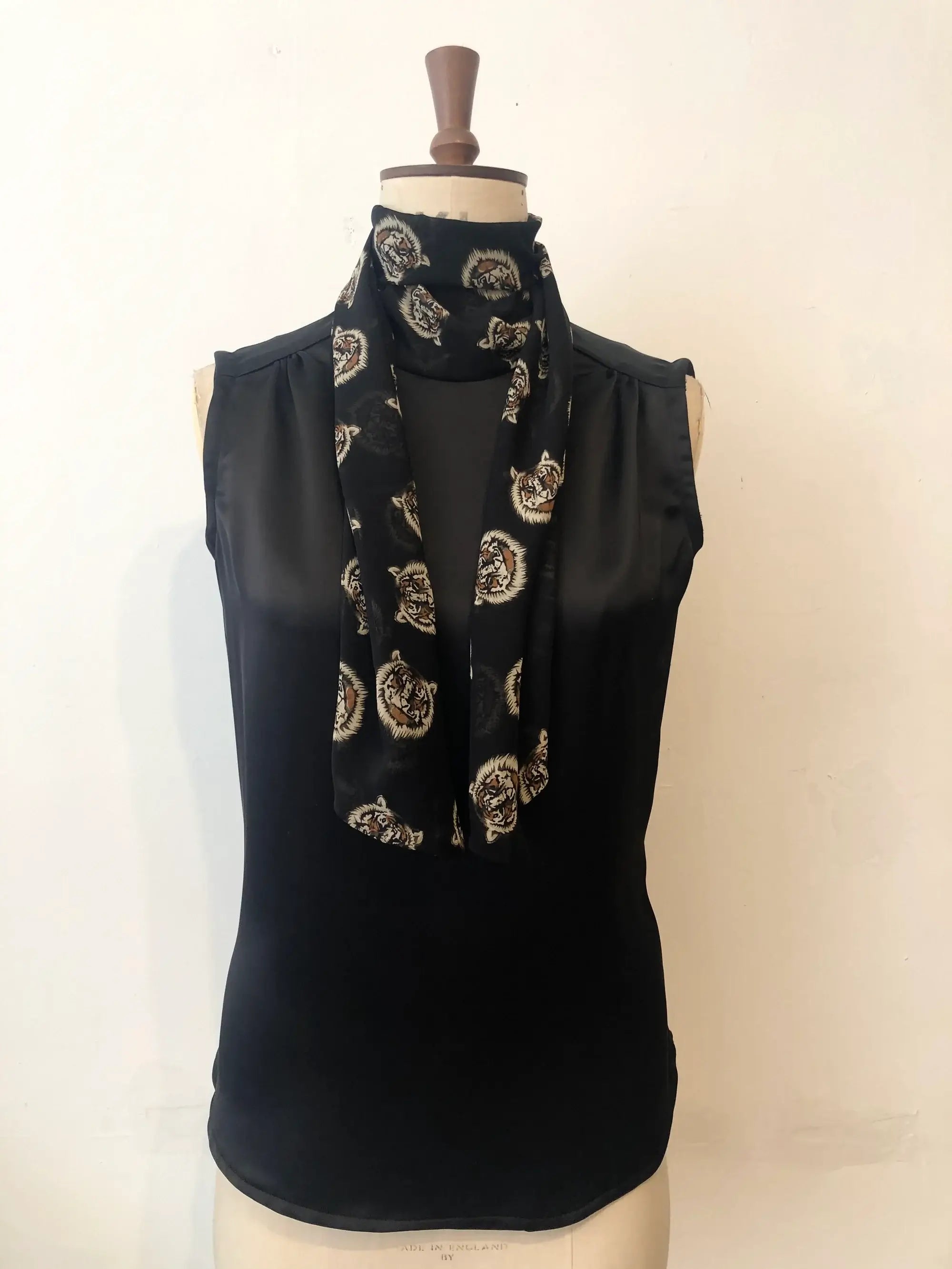 Lulu 'Tiger Tiger' Top – Black Satin with Print Neck Tie